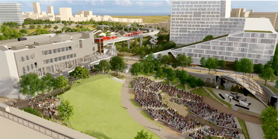 4 of 4, Artist's rendering of Epstein Family Amphitheater - overhead view with UTC buildings in the distance