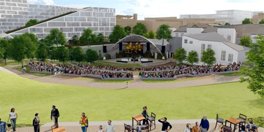 3 of 4, Artist's rendering of Epstein Family Amphitheater - full of audience members and people standing / eating in the foreground