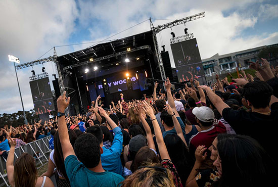 Annual Sungod Festival at UC San Diego - wide photographic shot of audience cheering and massive stage in background